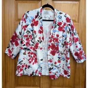 C.J. Banks Women's 1X Sweater Cardigan Open Front 3/4 Sleeves Floral Fine Guage